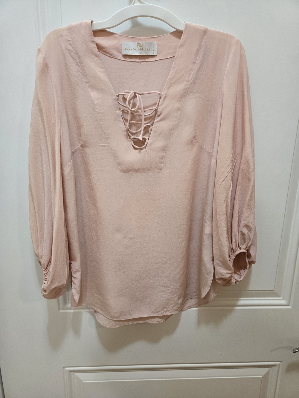 100% Silk Amanda Uprichard Blush Lace-Up V-Neck Peasant Blouse